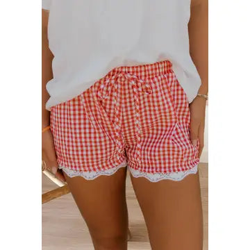 Gingham Shorts with Lace Hem