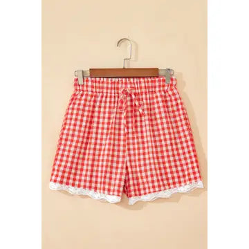 Gingham Shorts with Lace Hem