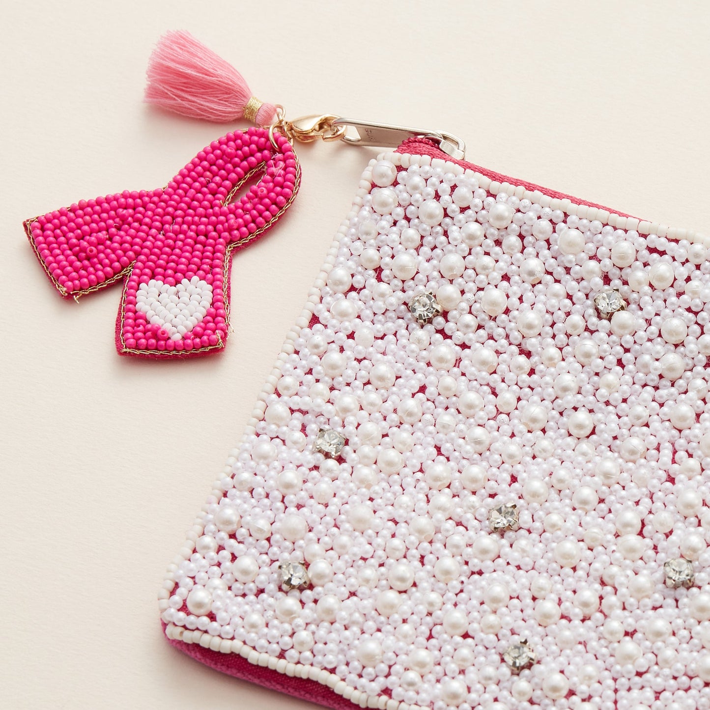 Pink Ribbon Seed Bead Canvas Pouch