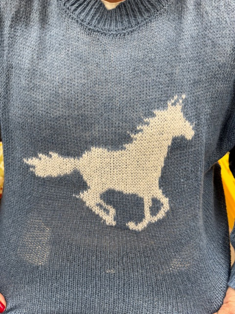 Dusty Blue Horse Sweater