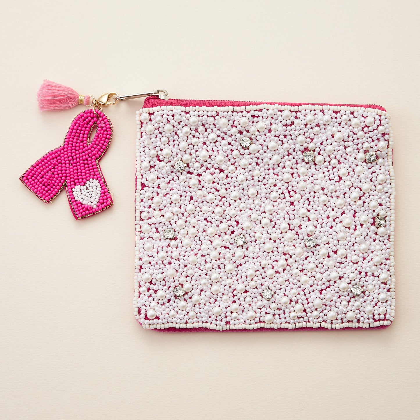 Pink Ribbon Seed Bead Canvas Pouch