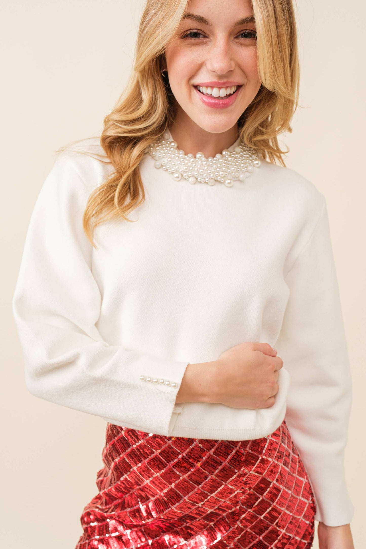 Pearl Trim Sweater - White