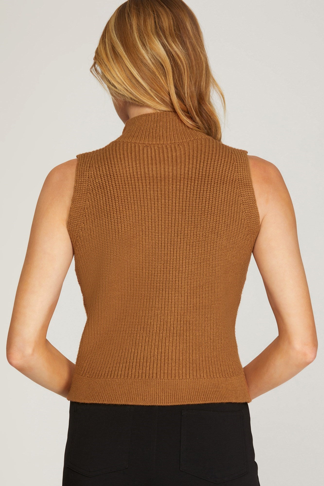 Mock Neck Knit Sweater Vest - Caramel