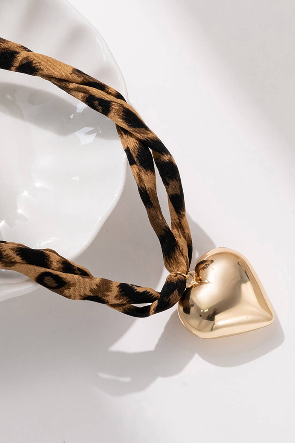 Puffy Heart Charm Leopard Scarf Necklace
