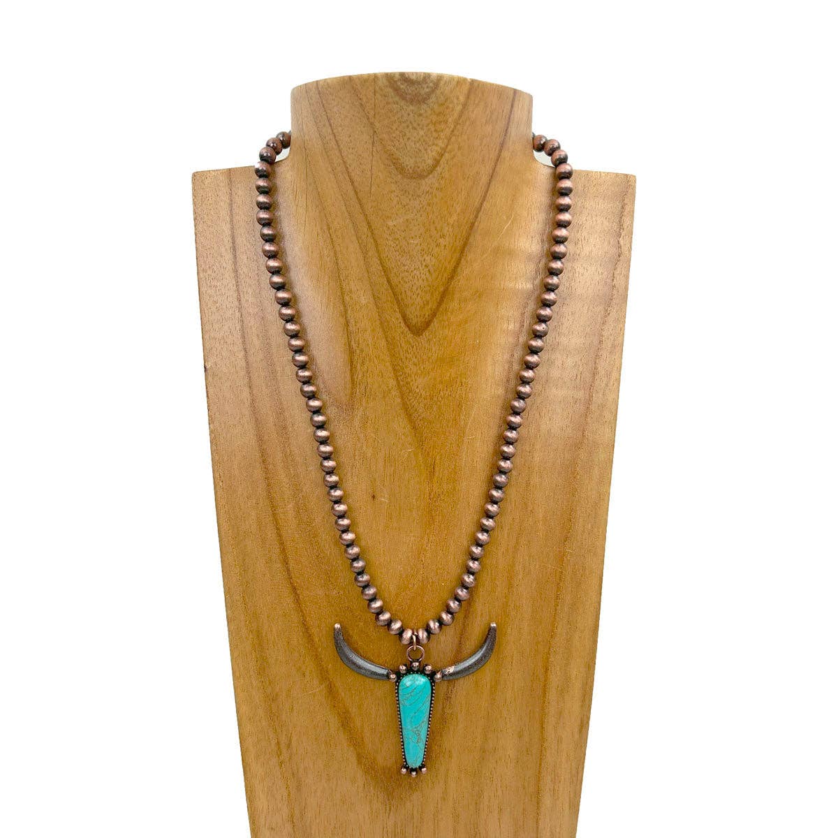 Copper Colored Beads with Blue Stone Long Horn Pendant