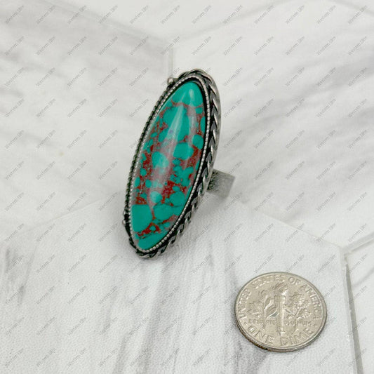 Silver-Tone with Green  Oval Stone Adjustable Ring
