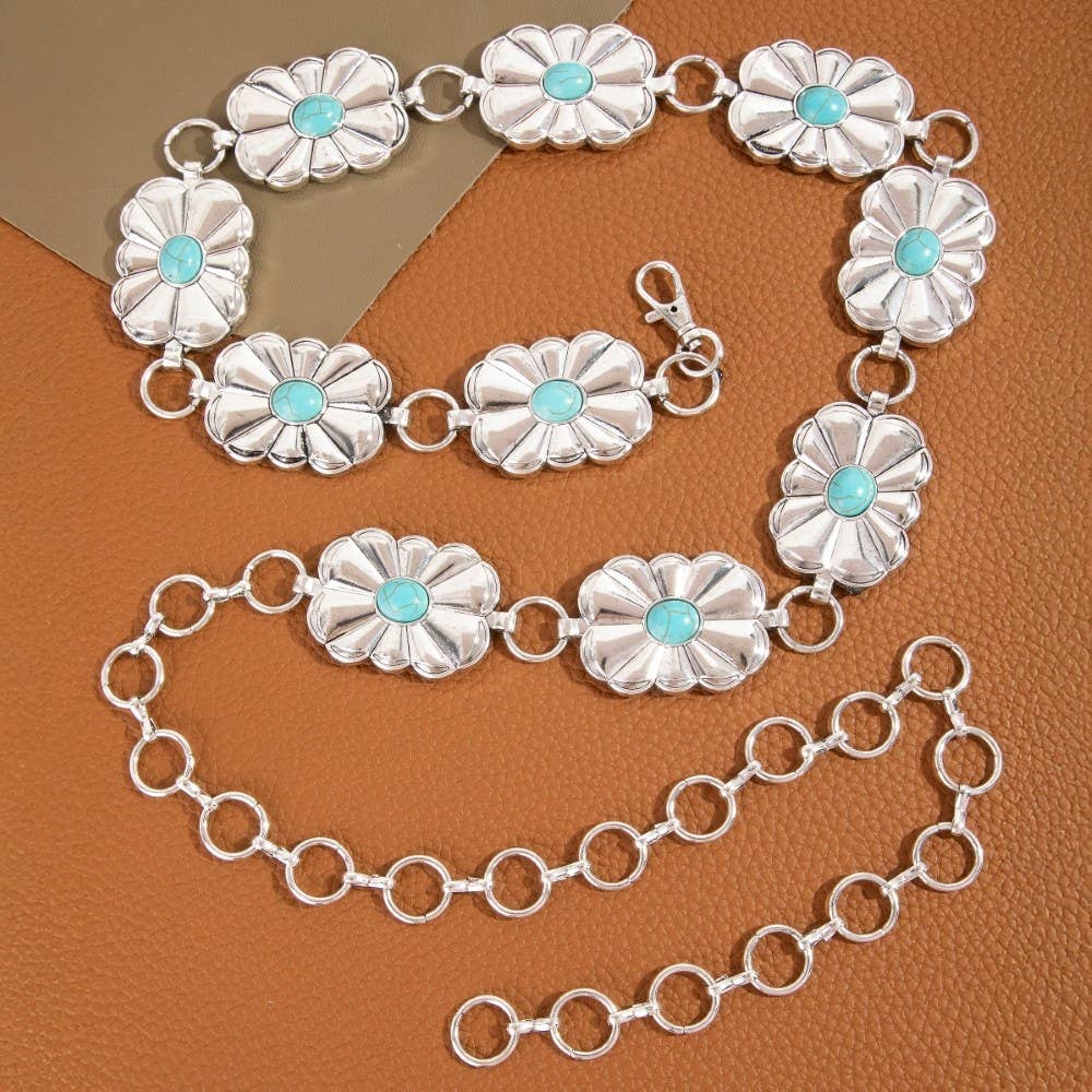 Western Floral w Blue Stone Chain Belt