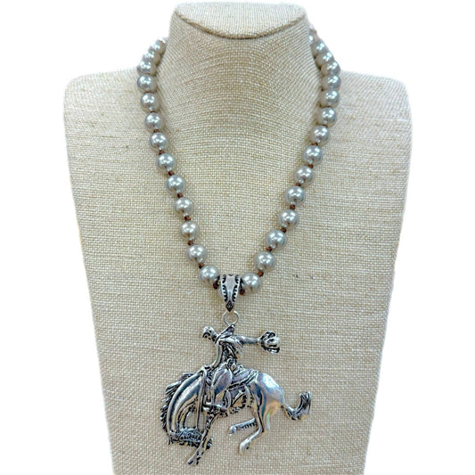 Bronc Rider Pendant on Faux Navajo Pearl Necklace