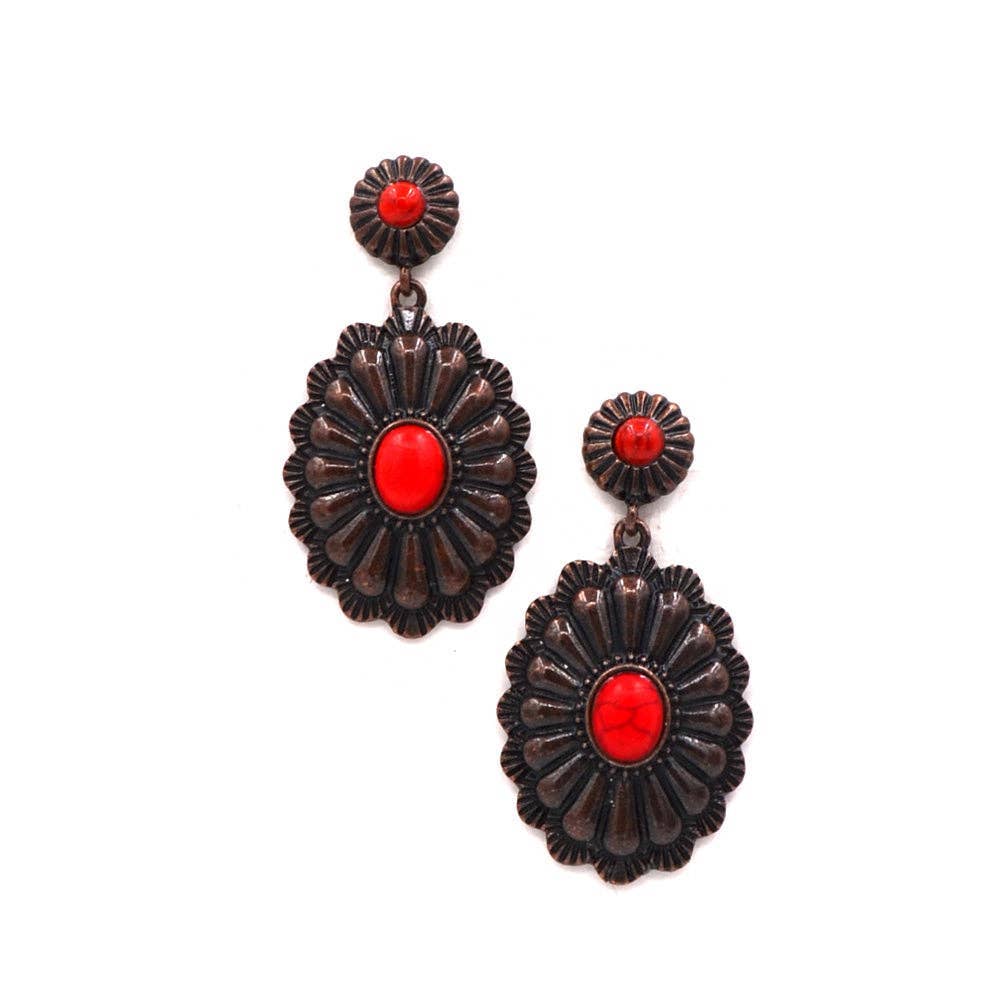 Copper-Tone Concho with Red Center Stone Earrings