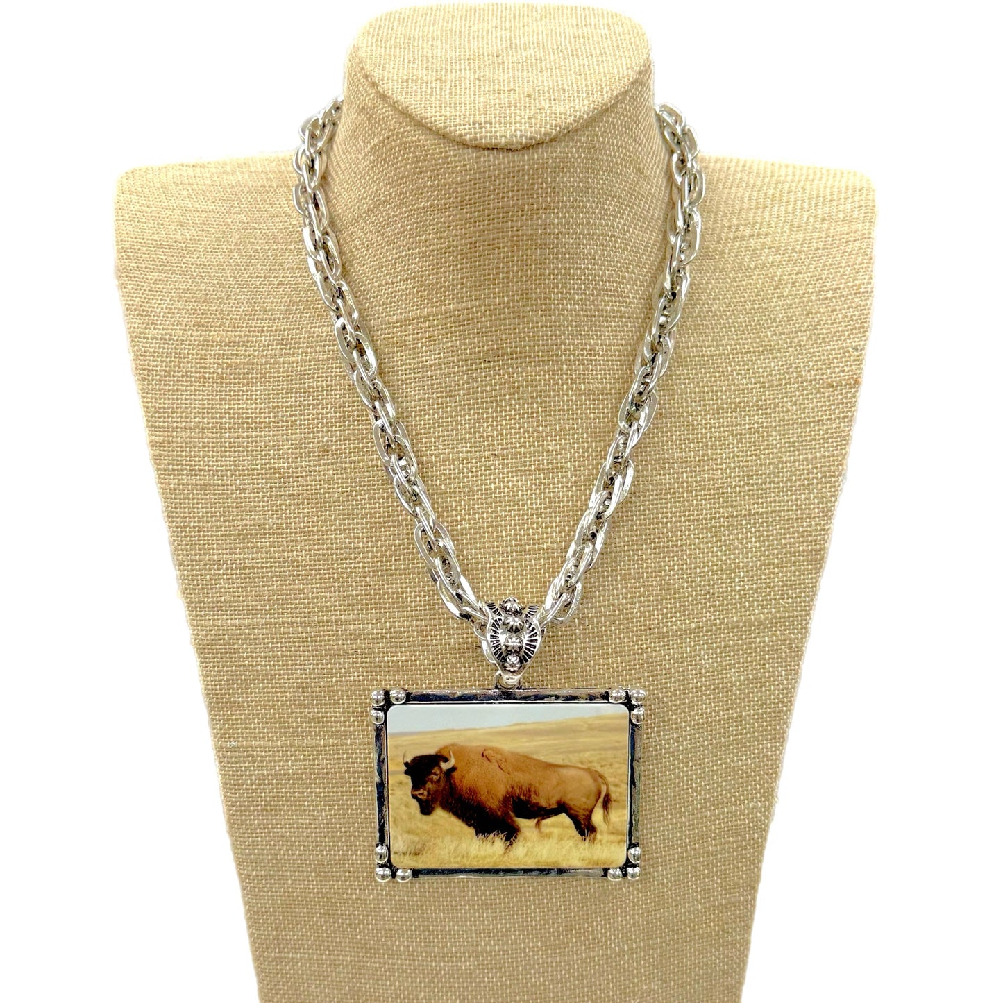 Buffalo Art Tile Pendant on Silver Multi Link Chain