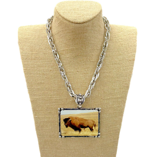 Buffalo Art Tile Pendant on Silver Multi Link Chain