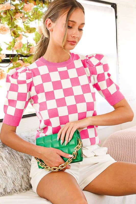 Checkerboard Crew Neck Sweater - Pink or Black