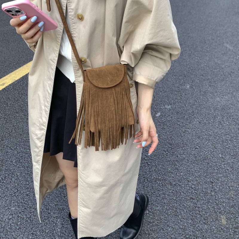 Western Bohemian Fringe Suede Crossbody Phone Holder Purse