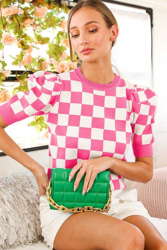 Checkerboard Crew Neck Sweater - Pink or Black