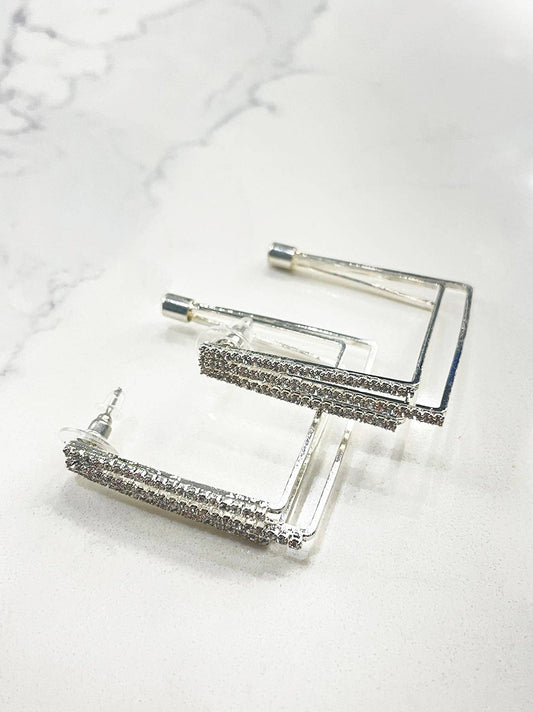 Square Hoops with Rhinestones Post Earrings - Silver