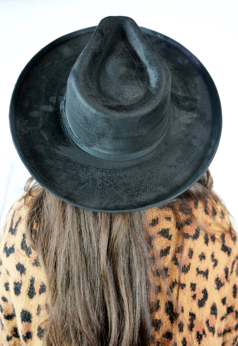 Vegan Suede Rancher Hat with Pencil Brim - Black