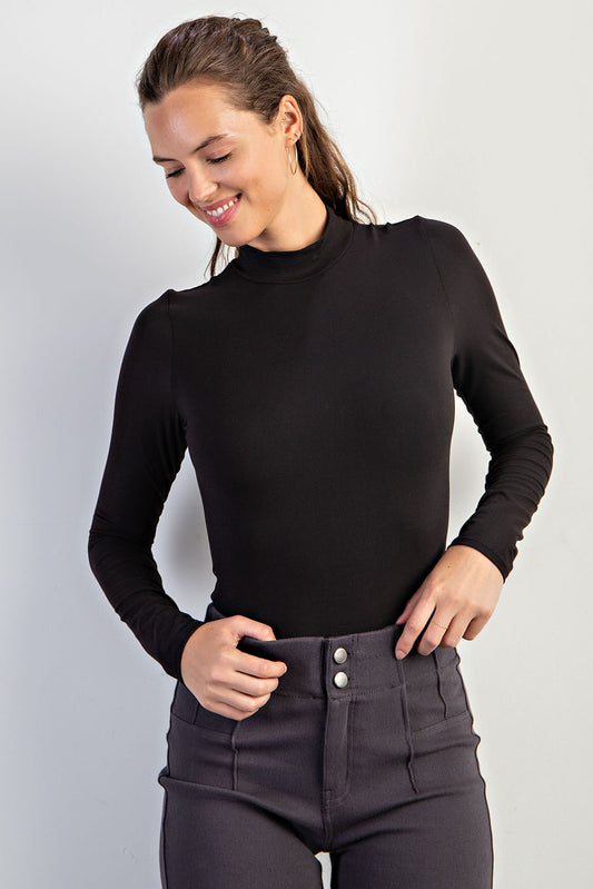 Butter Soft Long Sleeve Mock Neck Bodysuit -  Black