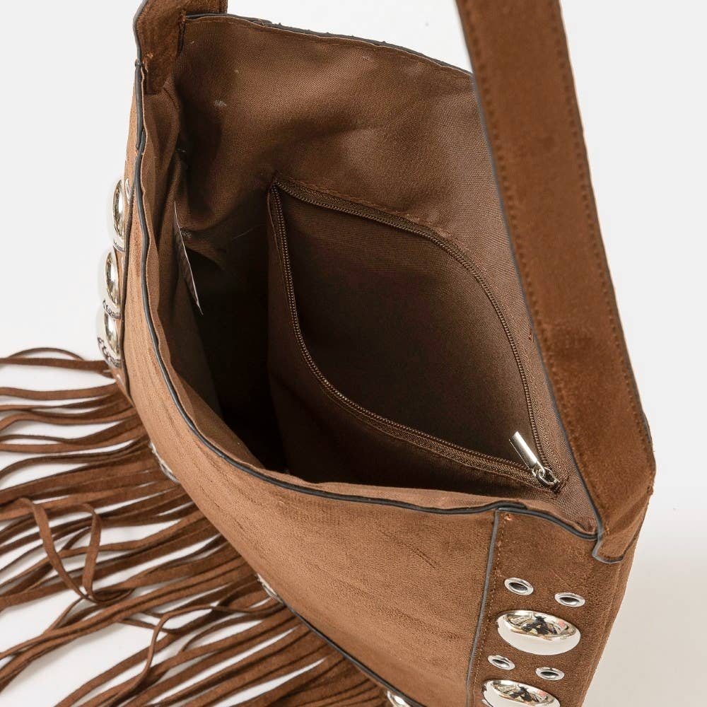 Suede Grommet Accent Fringe Tote