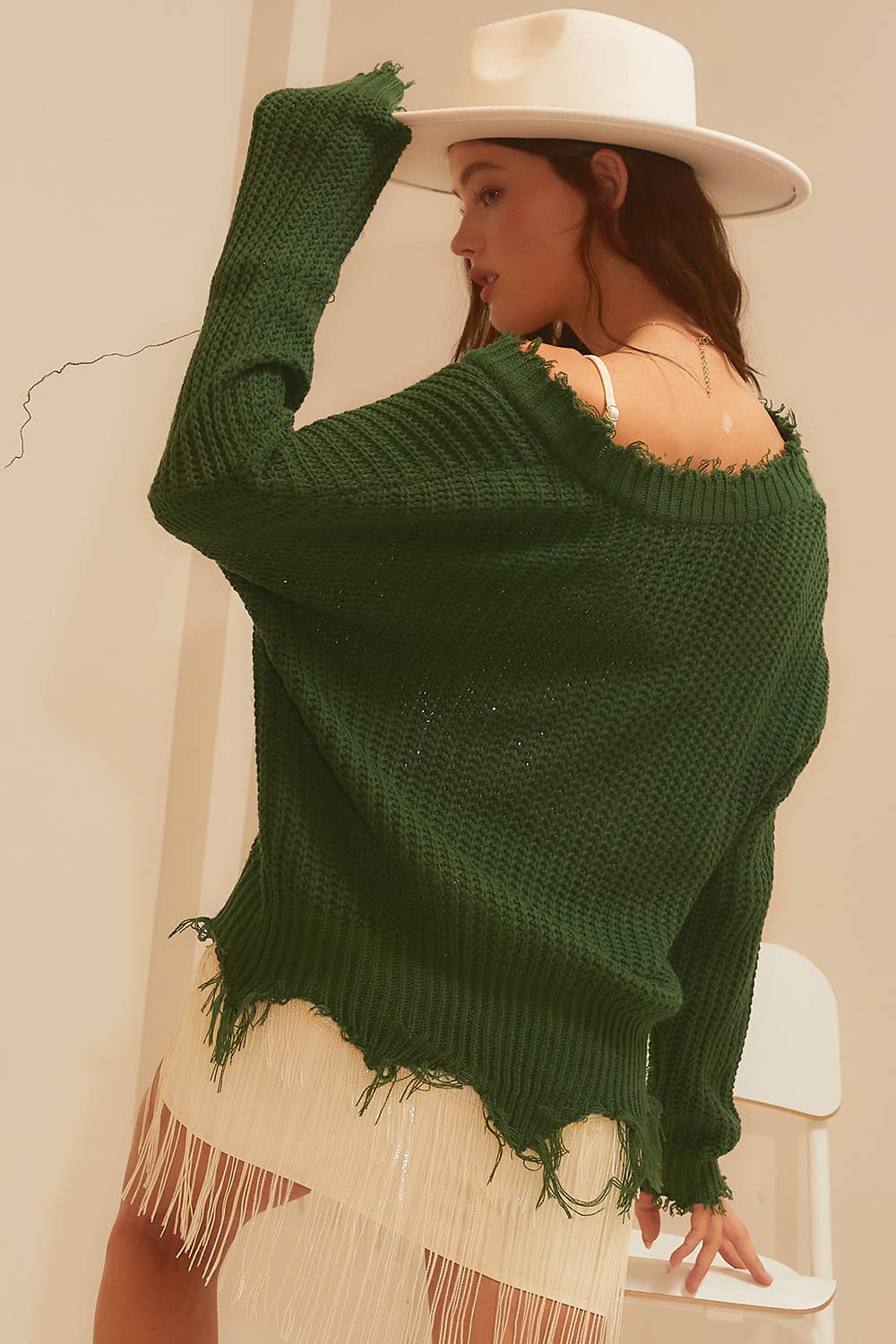 Frayed V Neck Sweater - Hunter Green